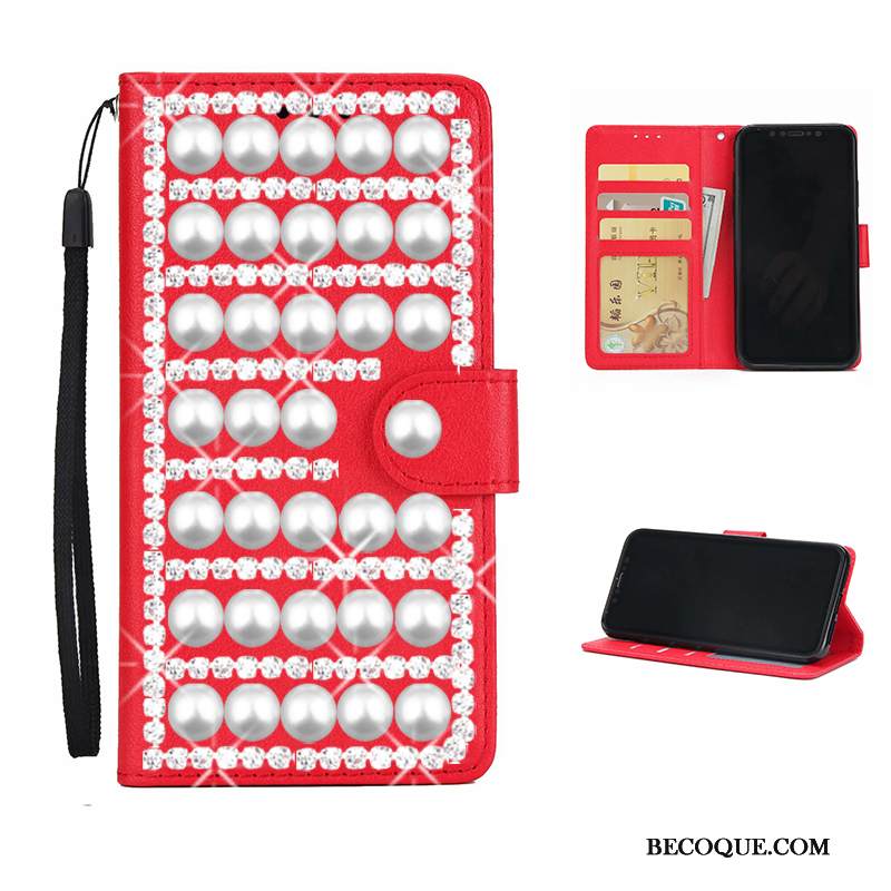 Kuori Huawei Y5 2019 Nahka Punainen Puhelimen Kuoret, Kotelo Huawei Y5 2019 Rhinestone Inlay Kortti