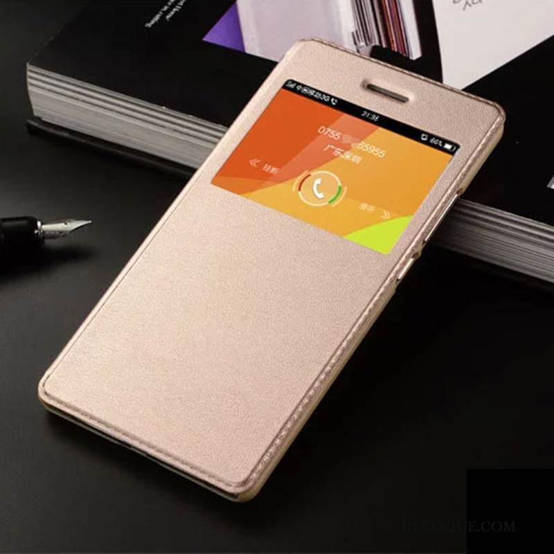 Kuori Huawei Y6 2018 Nahka Avaa Ikkuna Kulta, Kotelo Huawei Y6 2018 Suojaus Puhelimen Kuoret