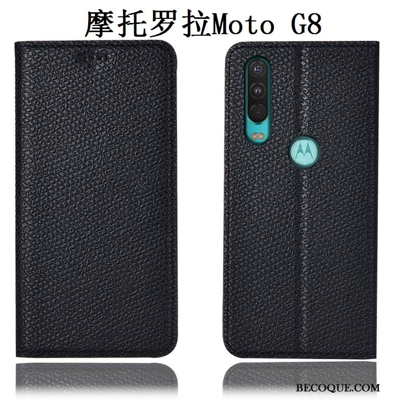Kuori Moto G8 Nahka Murtumaton Puhelimen Kuoret, Kotelo Moto G8 Kukkakuvio Musta