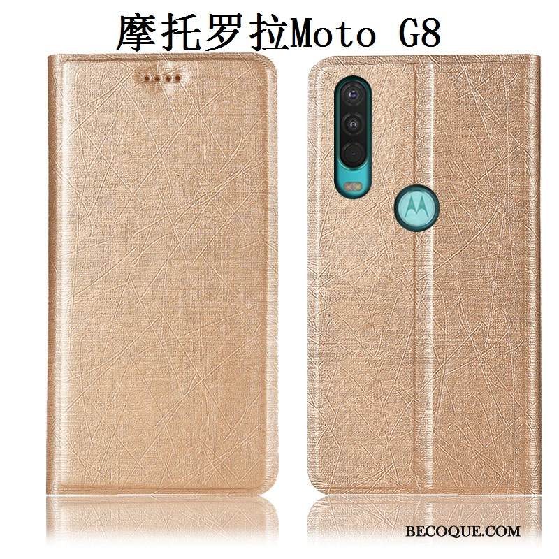 Kuori Moto G8 Nahka Puhelimen Kuoret Kulta, Kotelo Moto G8 Laukut Johdin Murtumaton