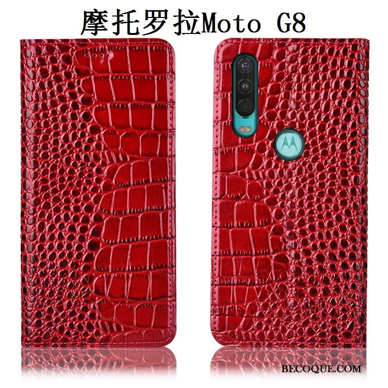 Kuori Moto G8 Nahka Puhelimen Kuoret Murtumaton, Kotelo Moto G8 Laukut Punainen