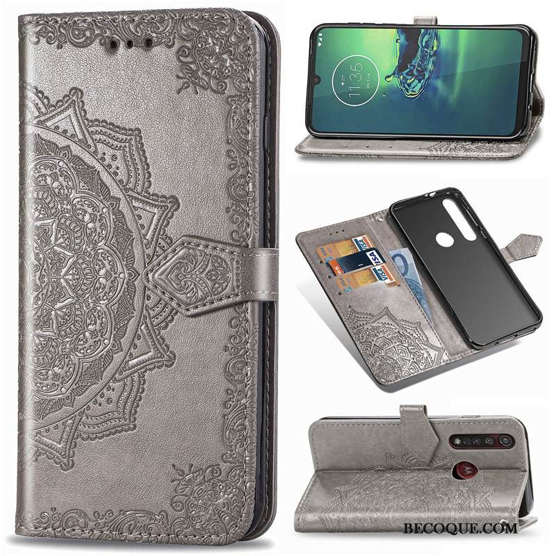 Kuori Moto G8 Plus Kohokuviointi Kukka Musta, Kotelo Moto G8 Plus Nahka Puhelimen Kuoret Kiinteä Väri