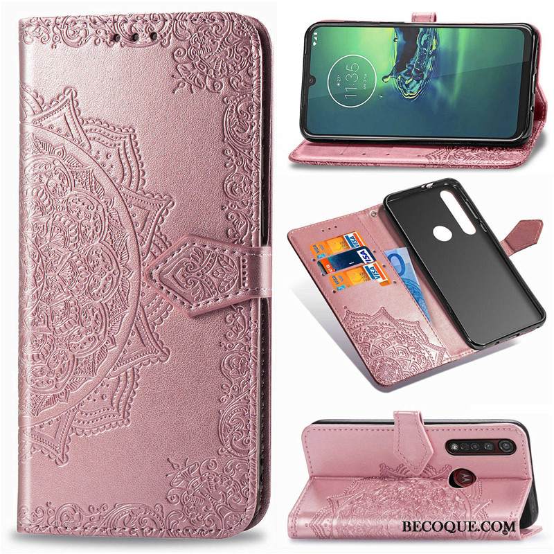 Kuori Moto G8 Plus Kohokuviointi Kukka Musta, Kotelo Moto G8 Plus Nahka Puhelimen Kuoret Kiinteä Väri