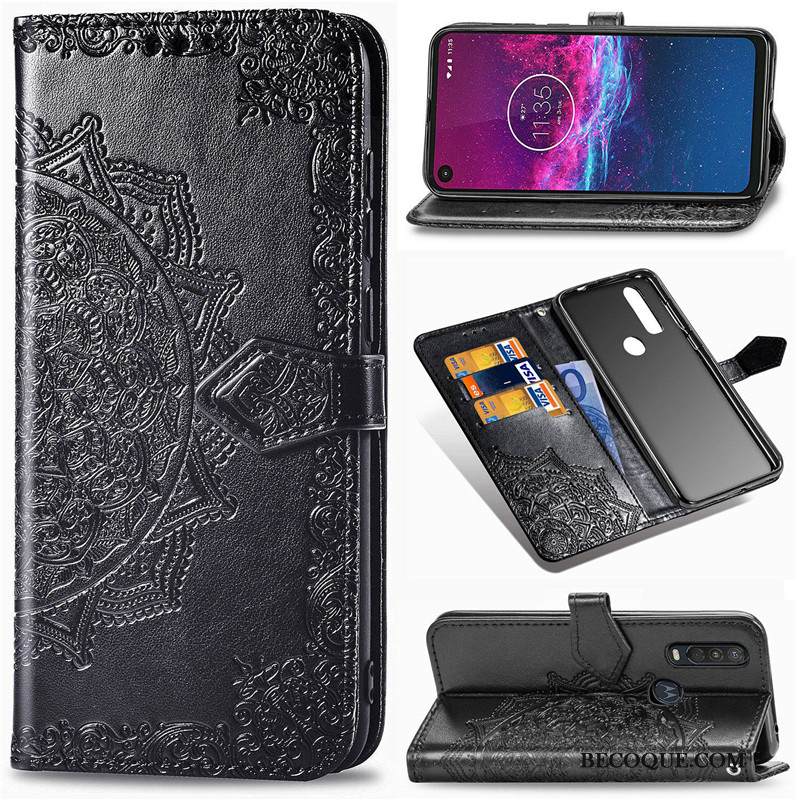 Kuori Motorola One Action Kohokuviointi Musta Puhelimen Kuoret, Kotelo Motorola One Action Nahka Kukka Ripustettavat Koristeet