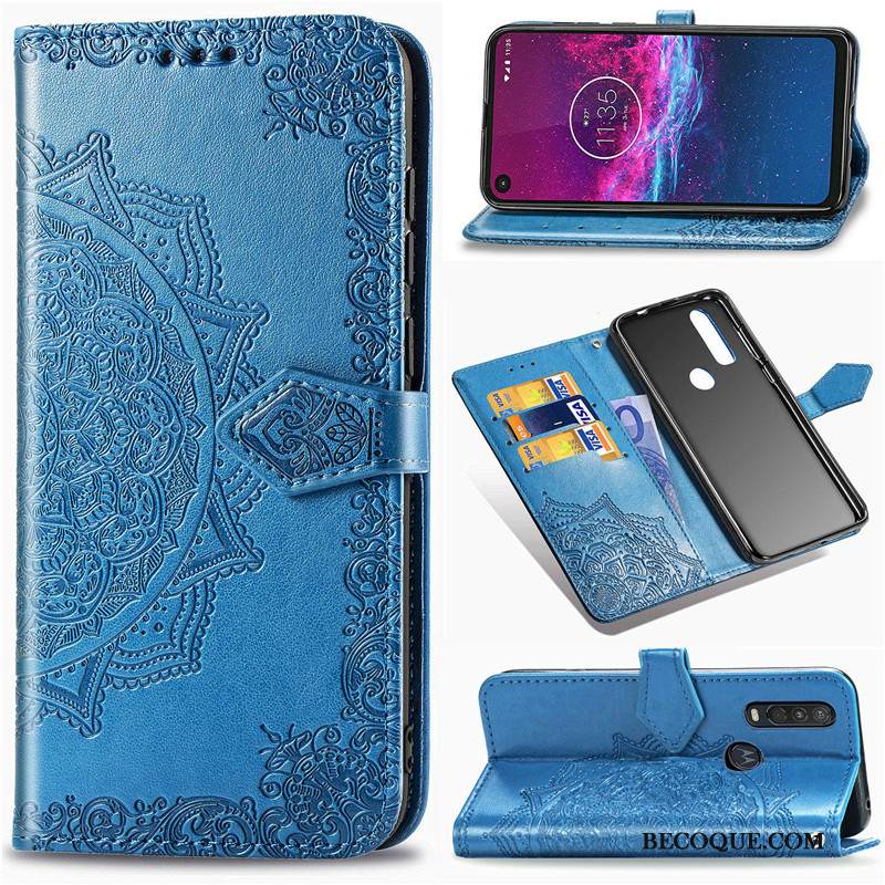 Kuori Motorola One Action Kohokuviointi Musta Puhelimen Kuoret, Kotelo Motorola One Action Nahka Kukka Ripustettavat Koristeet