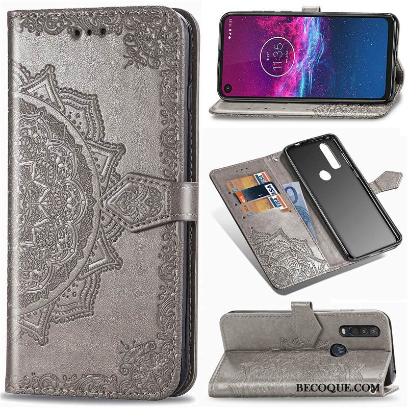 Kuori Motorola One Action Kohokuviointi Musta Puhelimen Kuoret, Kotelo Motorola One Action Nahka Kukka Ripustettavat Koristeet