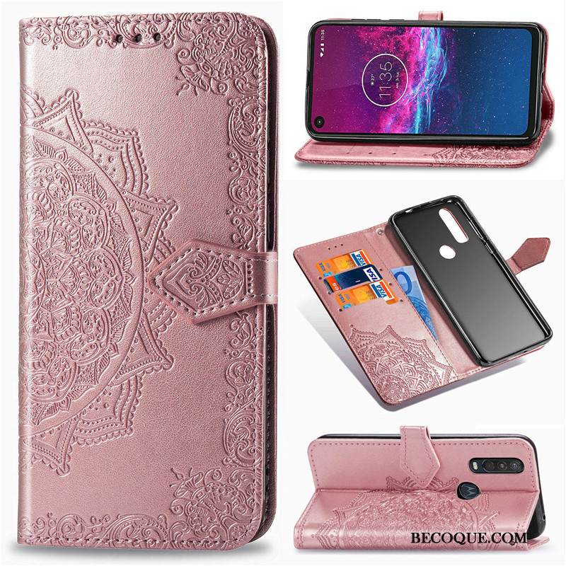 Kuori Motorola One Action Kohokuviointi Musta Puhelimen Kuoret, Kotelo Motorola One Action Nahka Kukka Ripustettavat Koristeet