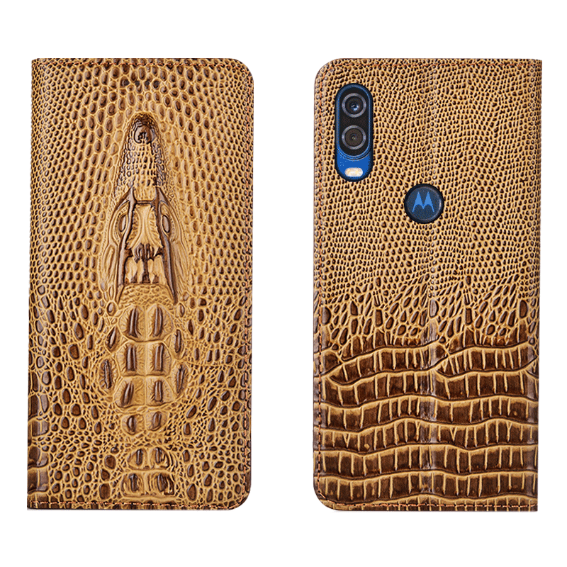 Kuori Motorola One Vision Nahka Krokotiili Murtumaton, Kotelo Motorola One Vision Suojaus Keltainen Puhelimen Kuoret