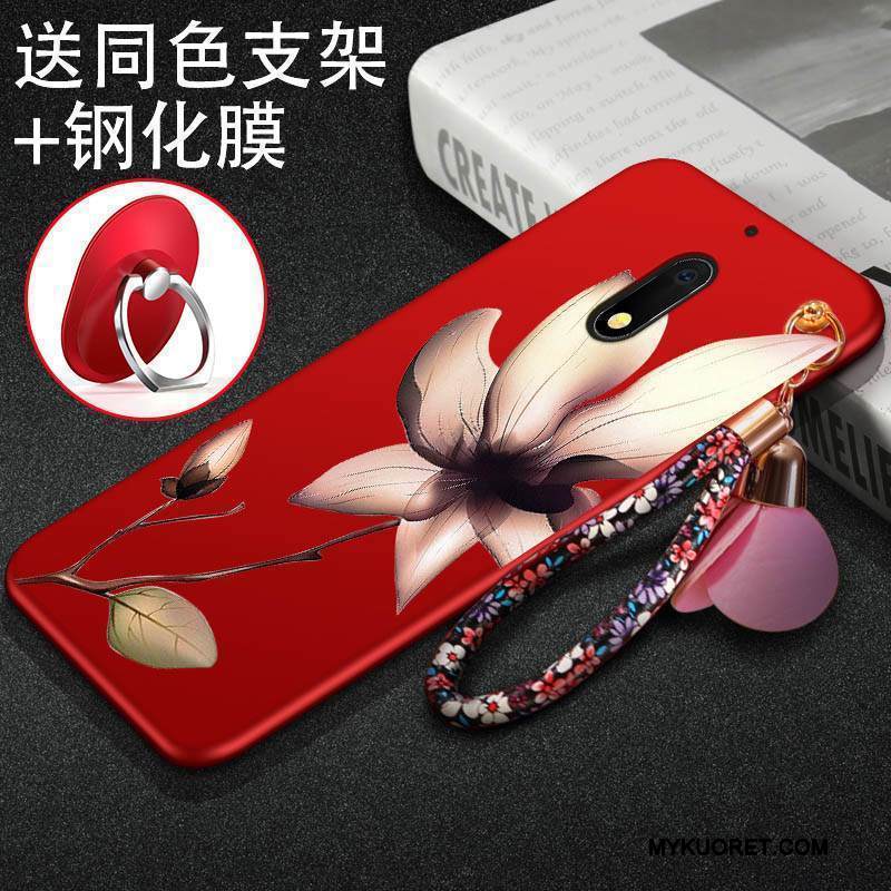 Kuori Nokia 6 Kohokuviointi Pesty Suede Puhelimen Kuoret, Kotelo Nokia 6 Laukut Murtumaton Punainen