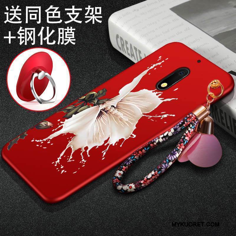 Kuori Nokia 6 Kohokuviointi Pesty Suede Puhelimen Kuoret, Kotelo Nokia 6 Laukut Murtumaton Punainen