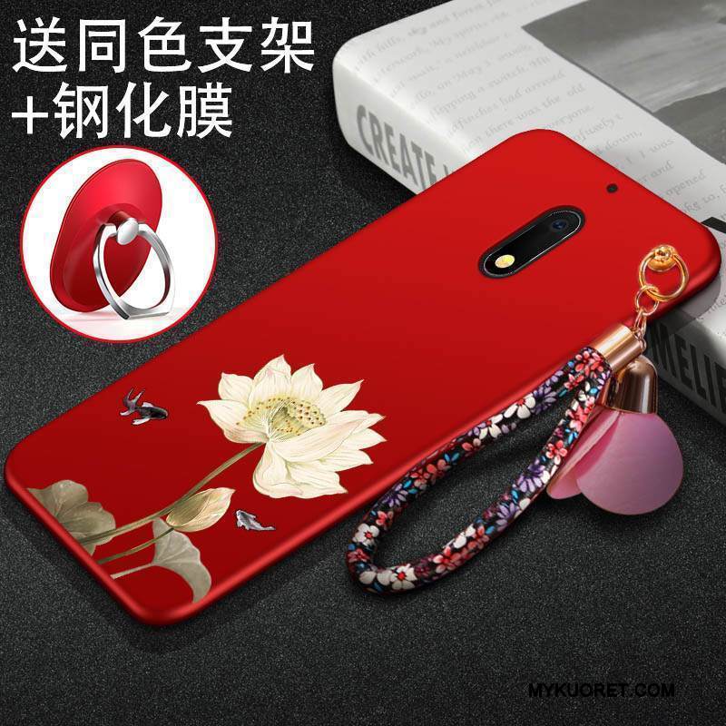 Kuori Nokia 6 Kohokuviointi Pesty Suede Puhelimen Kuoret, Kotelo Nokia 6 Laukut Murtumaton Punainen