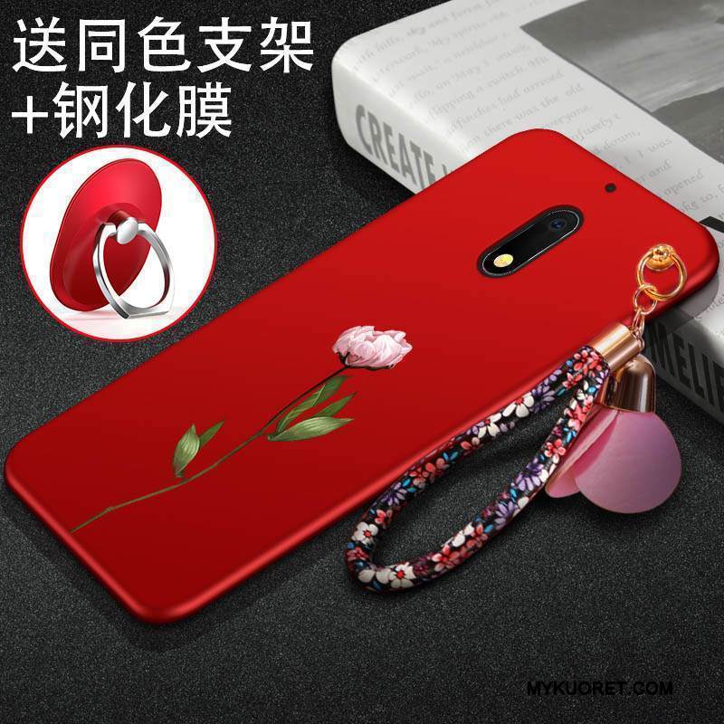 Kuori Nokia 6 Kohokuviointi Pesty Suede Puhelimen Kuoret, Kotelo Nokia 6 Laukut Murtumaton Punainen