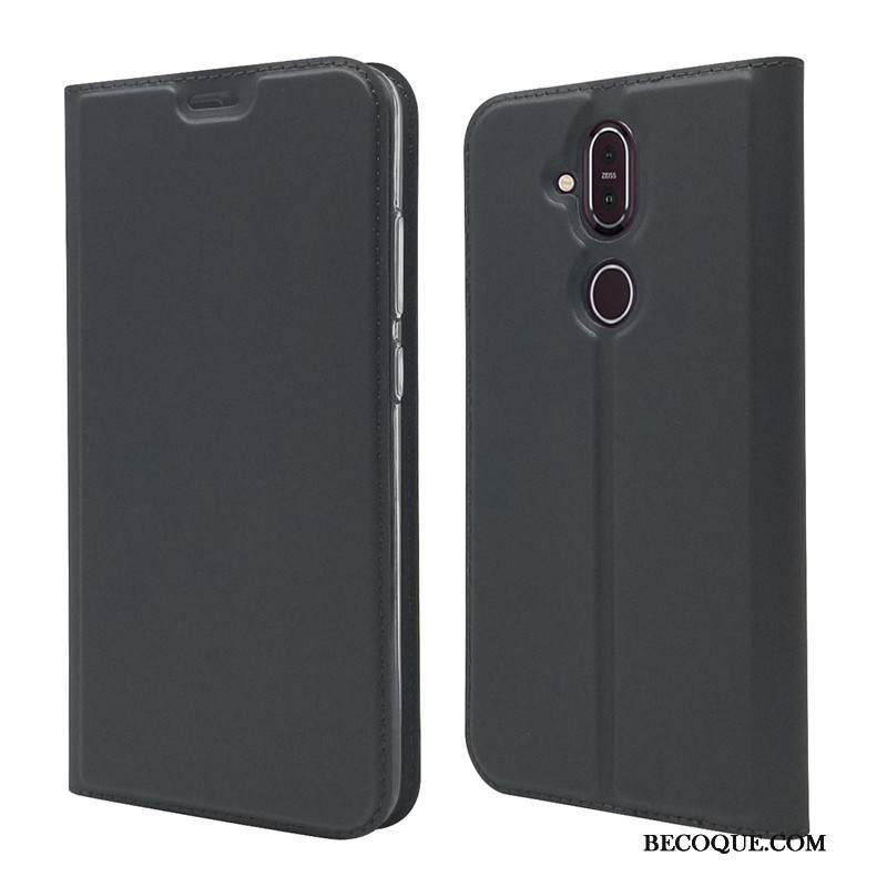 Kuori Nokia 8.1 Nahka Puhelimen Kuoret Kortti, Kotelo Nokia 8.1 Suojaus Musta Murtumaton
