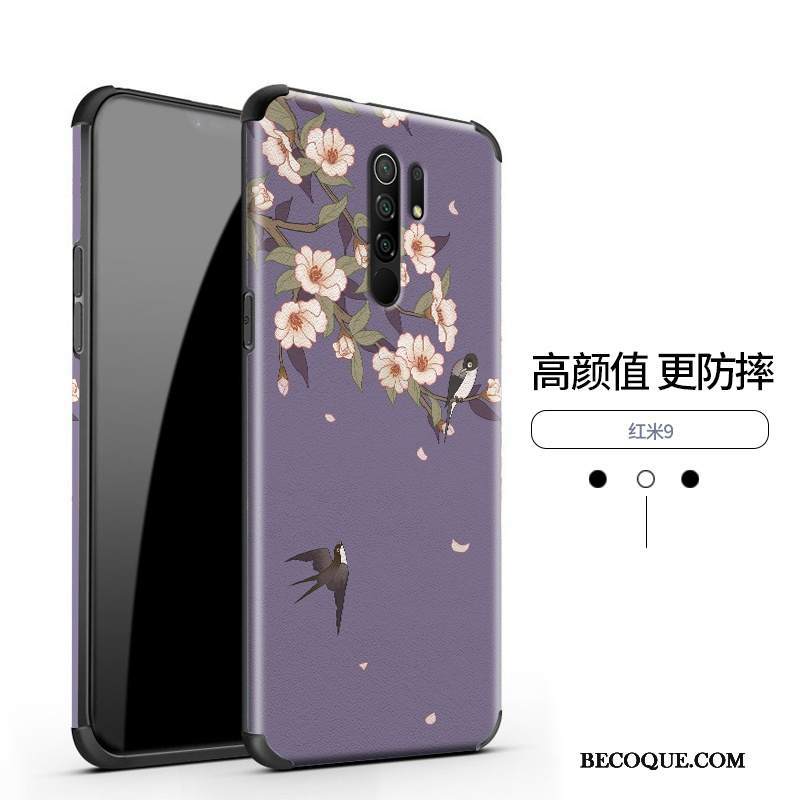 Kuori Redmi 9 Nahka Punainen Sininen, Kotelo Redmi 9 Kohokuviointi Kukka Kiinalainen Tyyli