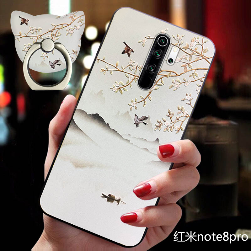 Kuori Redmi Note 8 Pro Kohokuviointi Kukka Pesty Suede, Kotelo Redmi Note 8 Pro Silikoni Ohut Lintu