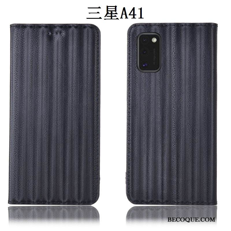 Kuori Samsung Galaxy A41 Nahka Musta Puhelimen Kuoret, Kotelo Samsung Galaxy A41 Laukut Murtumaton Kaltevuus