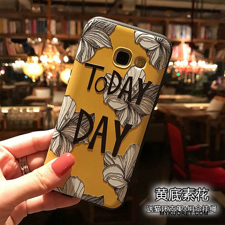 Kuori Samsung Galaxy A7 2017 Kohokuviointi Musta Pesty Suede, Kotelo Samsung Galaxy A7 2017 Pehmeä Neste Keltainen Puhelimen Kuoret