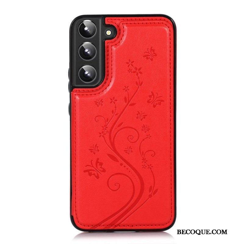 Kuori Samsung Galaxy S22 5G Keinonahkainen Korttipidike Jalusta Kukkia