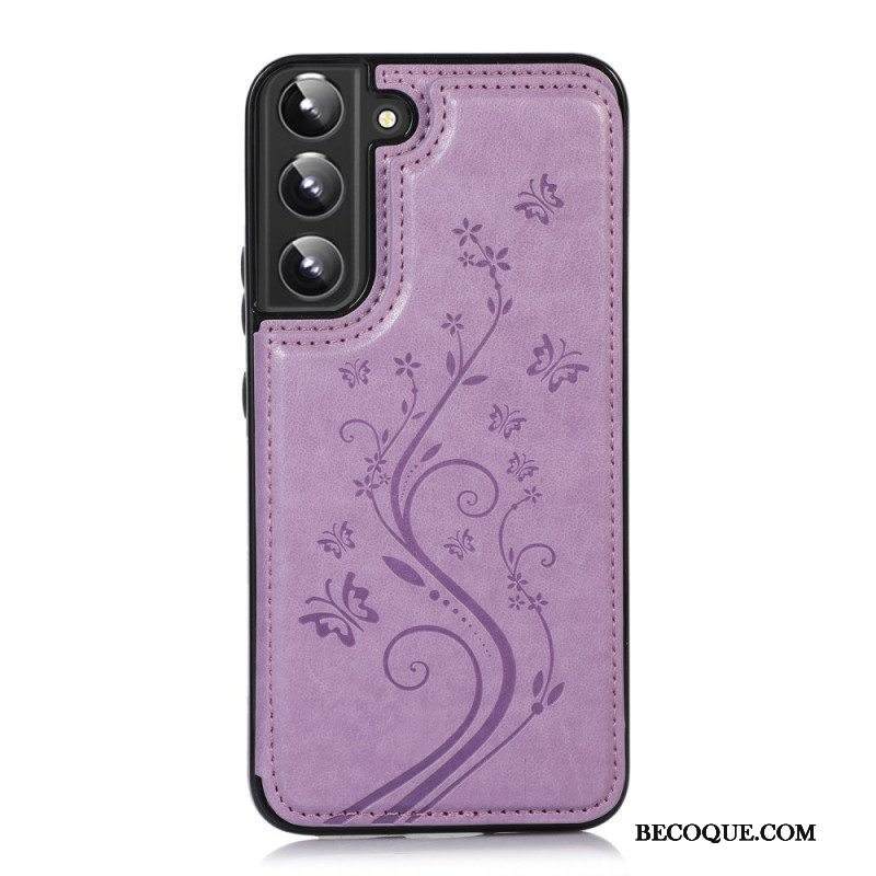 Kuori Samsung Galaxy S22 5G Keinonahkainen Korttipidike Jalusta Kukkia