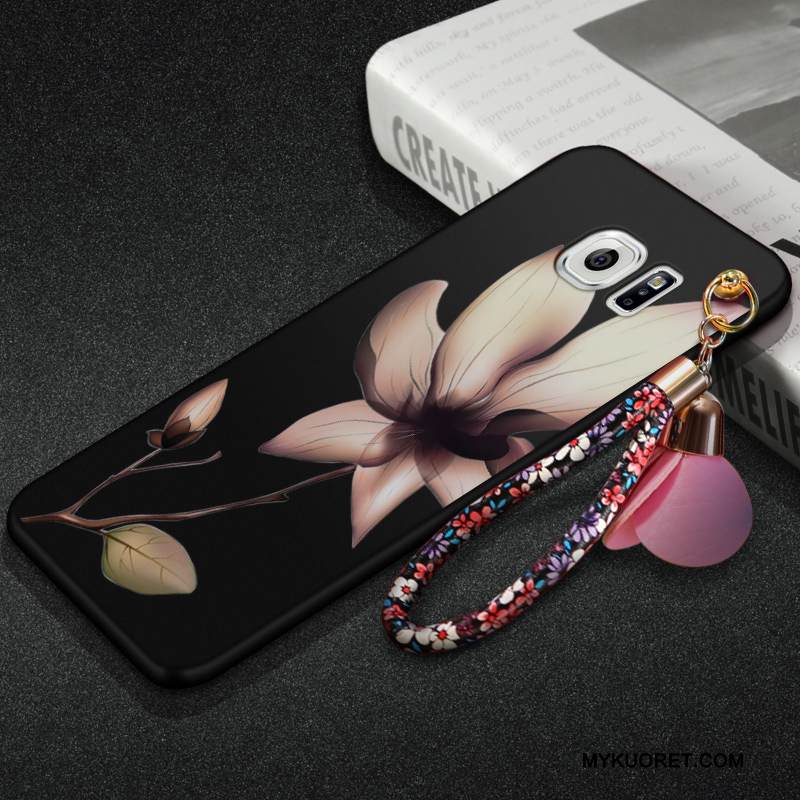 Kuori Samsung Galaxy S6 Edge + Kukka- Ripustettavat Koristeet Pesty Suede, Kotelo Samsung Galaxy S6 Edge + Suojaus Puhelimen Kuoret Musta