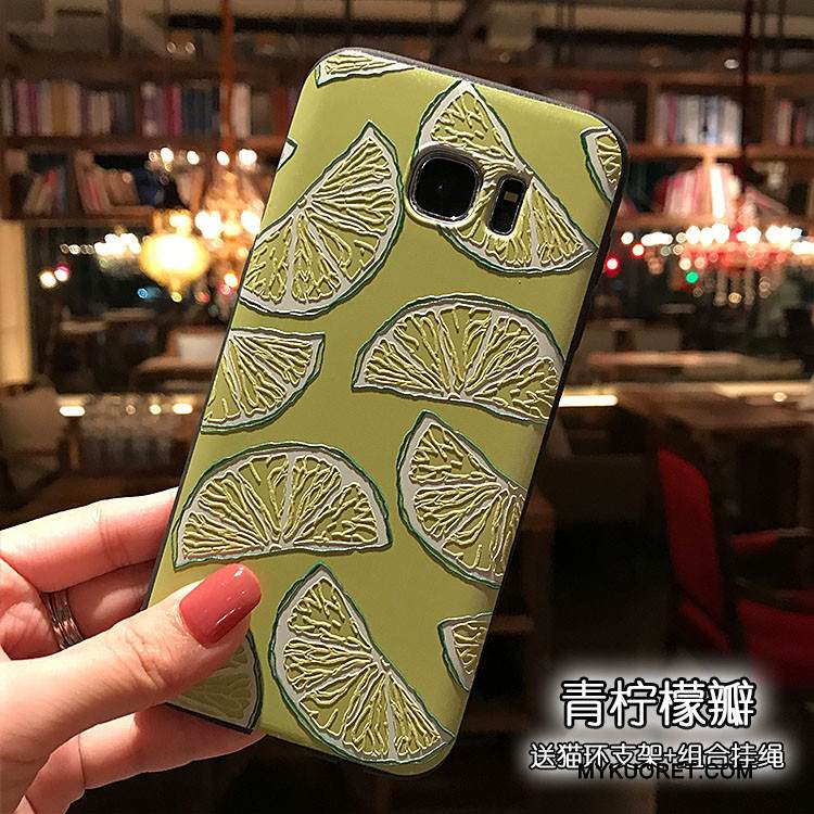 Kuori Samsung Galaxy S7 Kohokuviointi Musta Vaalean, Kotelo Samsung Galaxy S7 Laukut Vihreä Pesty Suede