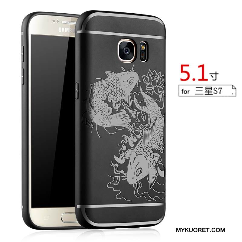 Kuori Samsung Galaxy S7 Kohokuviointi Puhelimen Kuoret Pesty Suede, Kotelo Samsung Galaxy S7 Laukut Musta Kukkakuvio