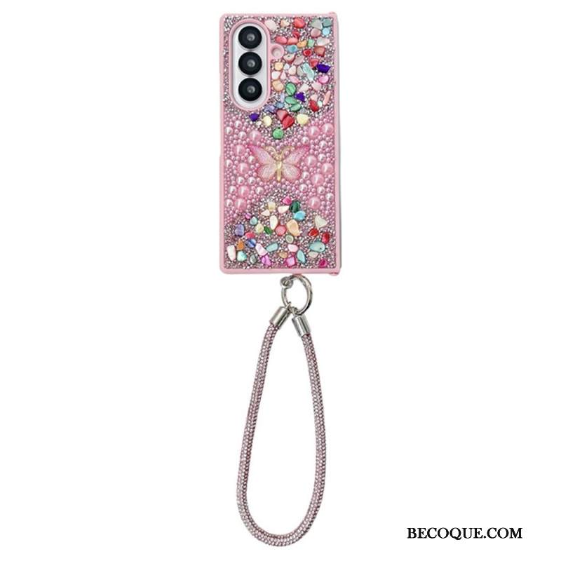 Kuori Samsung Galaxy Z Fold 7 Strassilla Koristeltu Perhonen Hihnalla