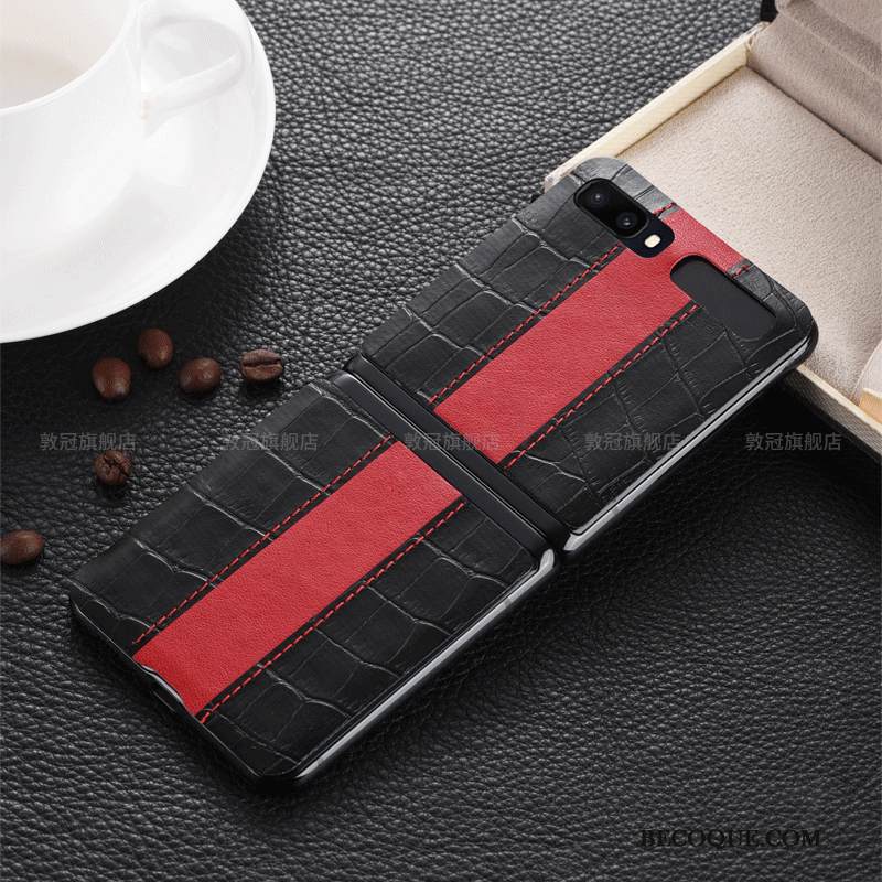 Kuori Samsung Z Flip Nahka Kalvo Musta, Kotelo Samsung Z Flip Suojaus Murtumaton Karkaisu