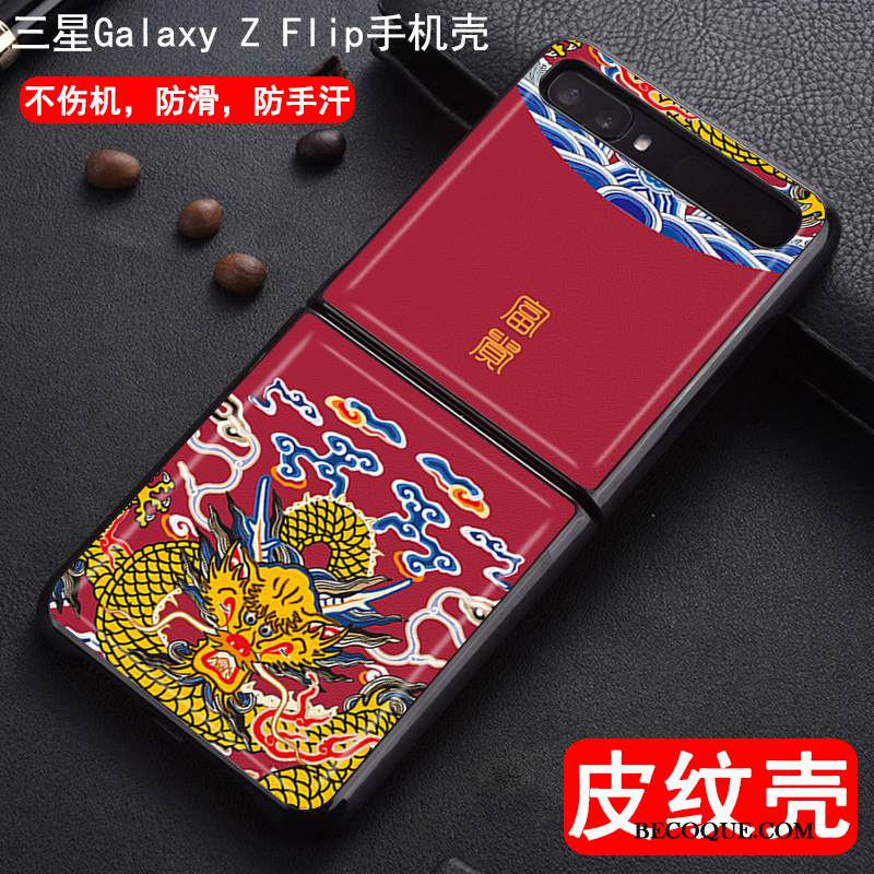 Kuori Samsung Z Flip Nahka Puhelimen Kuoret Kukkakuvio, Kotelo Samsung Z Flip Sarjakuva Dragon Musta