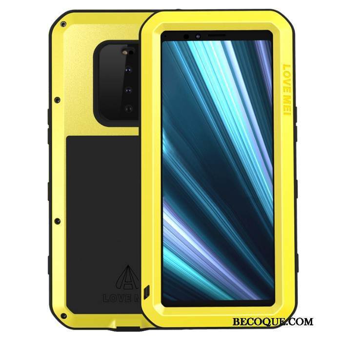 Kuori Sony Xperia 1 Laukut Kolme Puolustusta Murtumaton, Kotelo Sony Xperia 1 Metalli Puhelimen Kuoret Keltainen