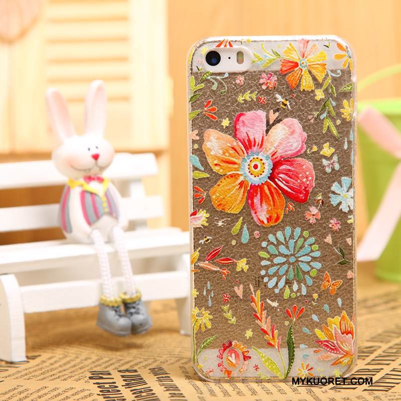 Kuori iPhone 5/5s Nahka Kukkakuvio Läpinäkyvä, Kotelo iPhone 5/5s Suojaus Puhelimen Kuoret Musta