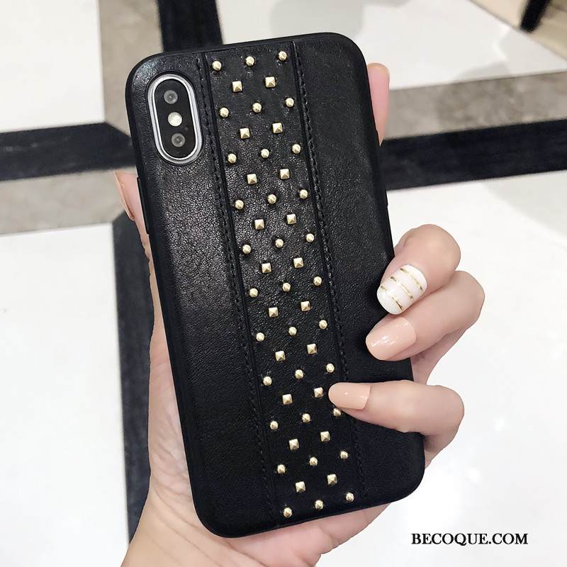Kuori iPhone Xs Nahka Musta Niitti, Kotelo iPhone Xs Tila Murtumaton Puhelimen Kuoret