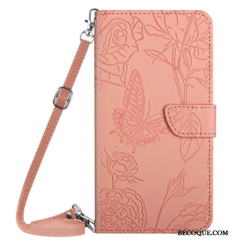 Nahkakotelo Samsung Galaxy A13 Perhoset Ja Olkahihna