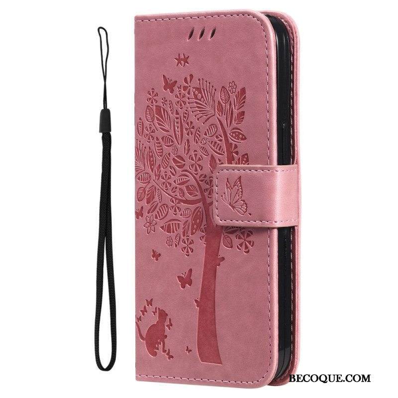 Nahkakotelo Samsung Galaxy A53 5G Suojaketju Kuori Tree Ja Strappy Cat