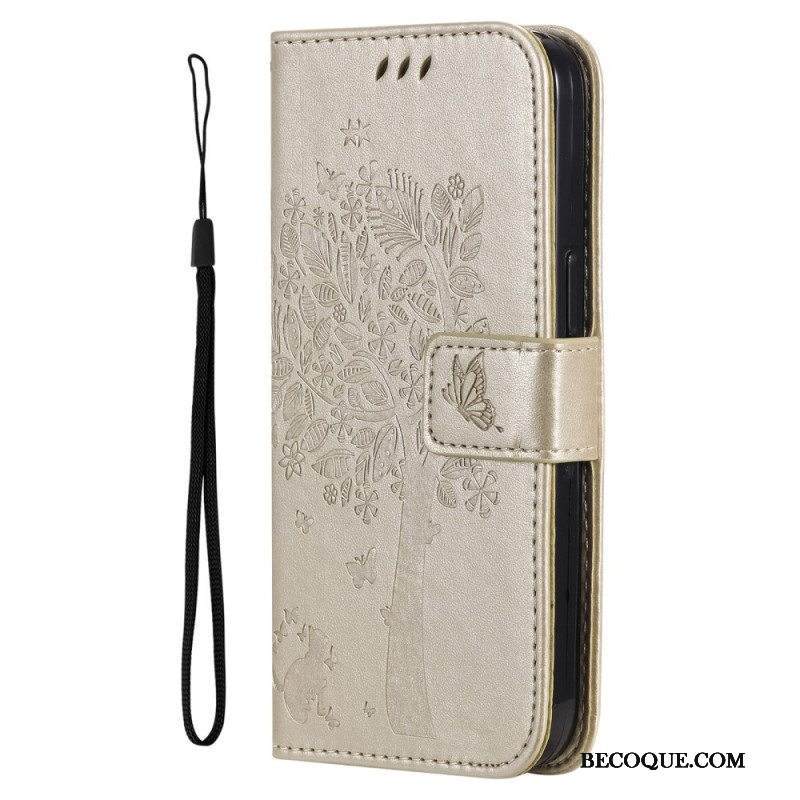 Nahkakotelo Samsung Galaxy A53 5G Suojaketju Kuori Tree Ja Strappy Cat