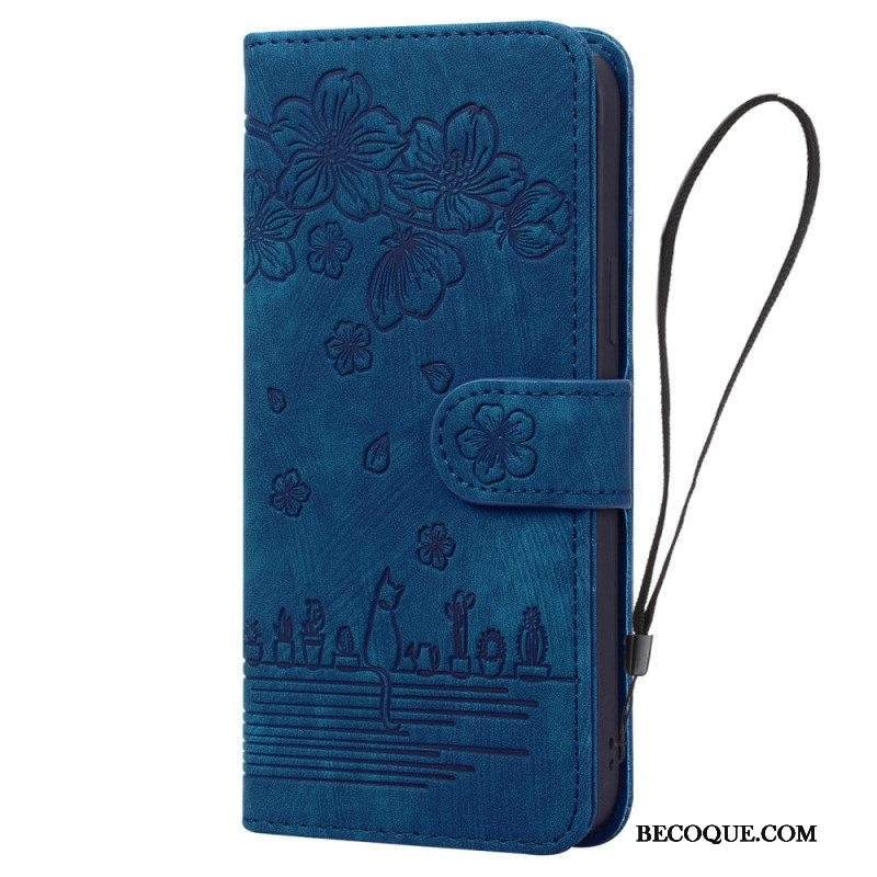 Nahkakotelo Samsung Galaxy A54 5G Suojaketju Kuori Kukkainen Thong Cat