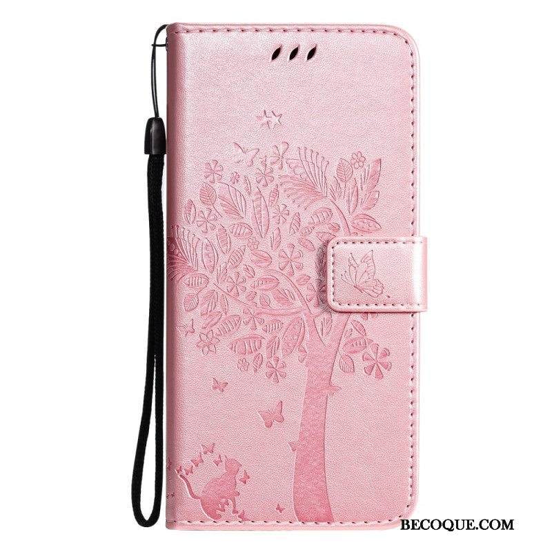 Nahkakotelo Samsung Galaxy M12 / A12 Suojaketju Kuori Tree Ja Strappy Cat