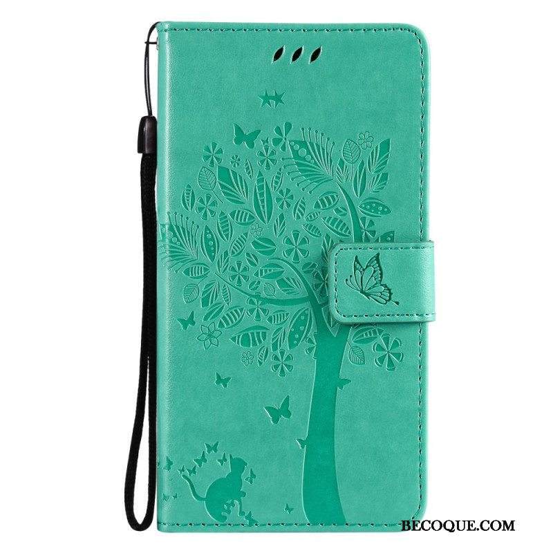 Nahkakotelo Samsung Galaxy M12 / A12 Suojaketju Kuori Tree Ja Strappy Cat