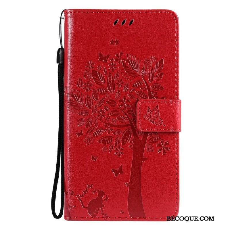 Nahkakotelo Samsung Galaxy M12 / A12 Suojaketju Kuori Tree Ja Strappy Cat