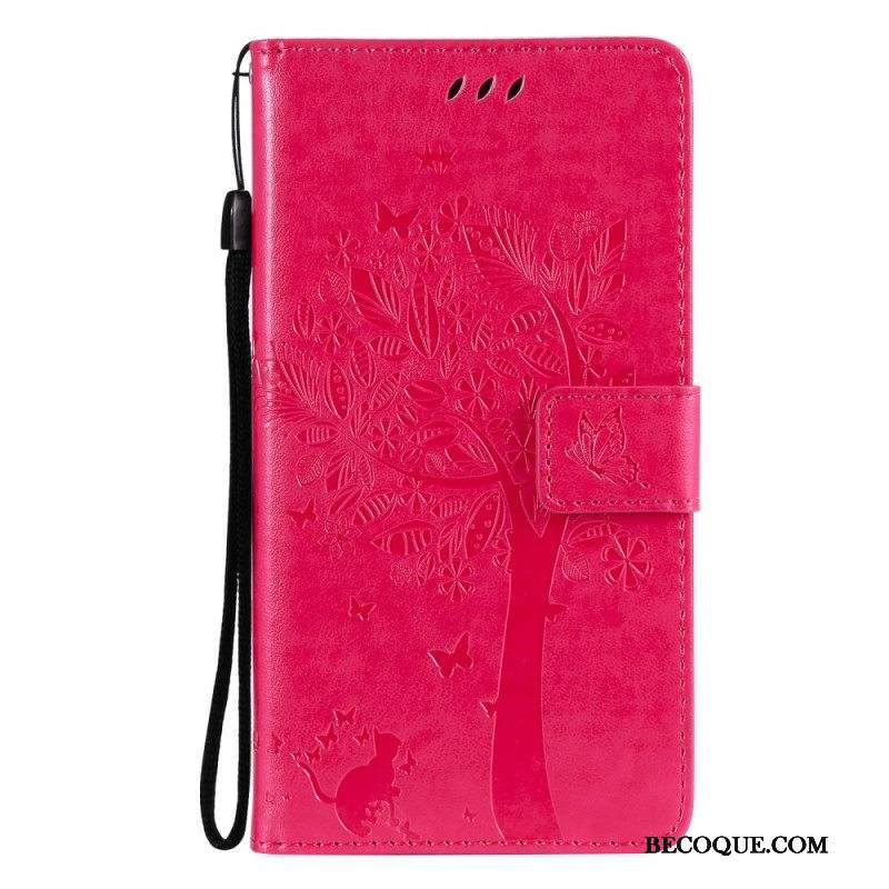 Nahkakotelo Samsung Galaxy M12 / A12 Suojaketju Kuori Tree Ja Strappy Cat