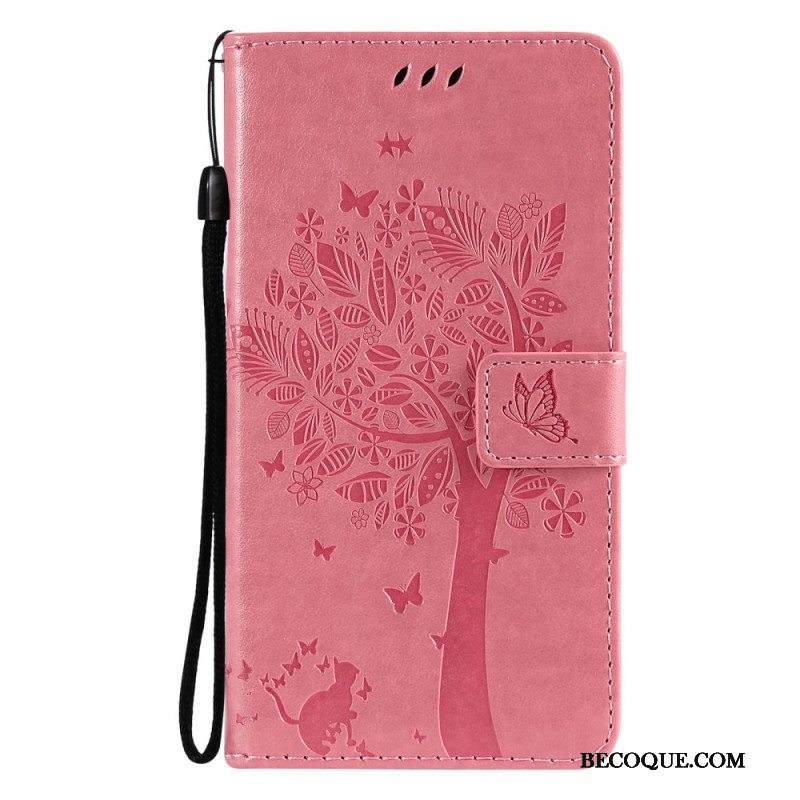 Nahkakotelo Samsung Galaxy M12 / A12 Suojaketju Kuori Tree Ja Strappy Cat