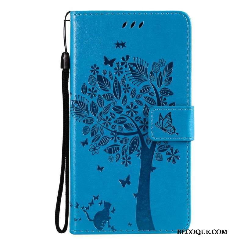 Nahkakotelo Samsung Galaxy M12 / A12 Suojaketju Kuori Tree Ja Strappy Cat