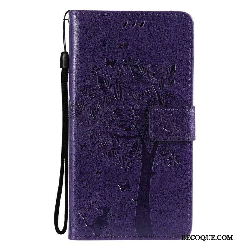 Nahkakotelo Samsung Galaxy M12 / A12 Suojaketju Kuori Tree Ja Strappy Cat