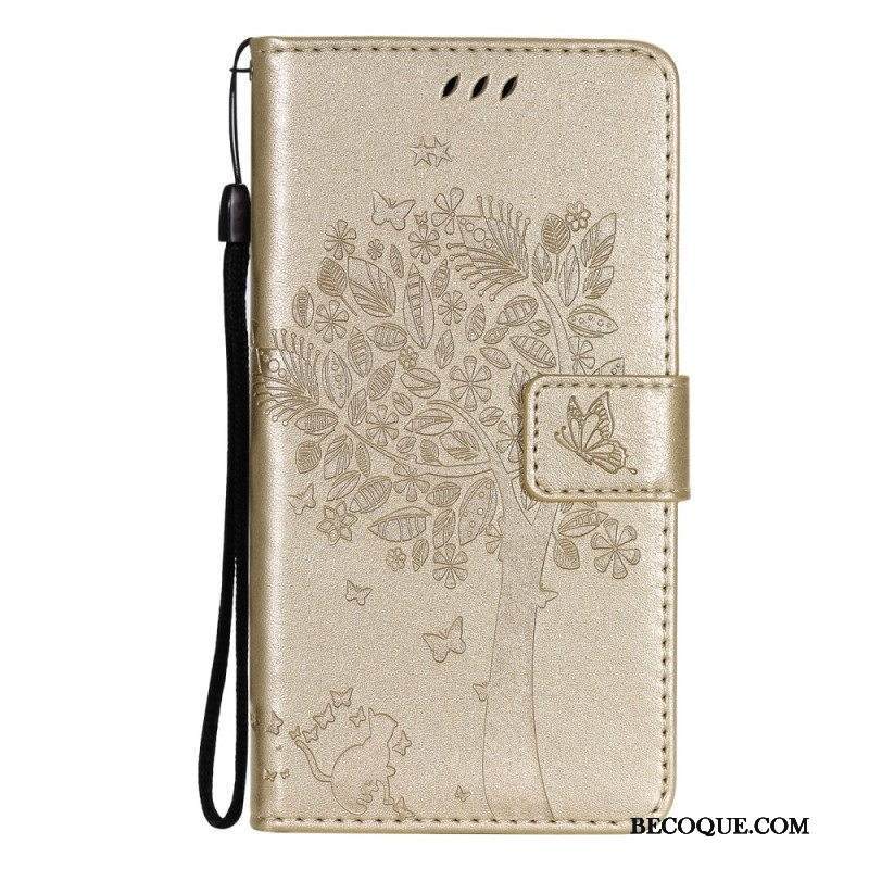 Nahkakotelo Samsung Galaxy M12 / A12 Suojaketju Kuori Tree Ja Strappy Cat