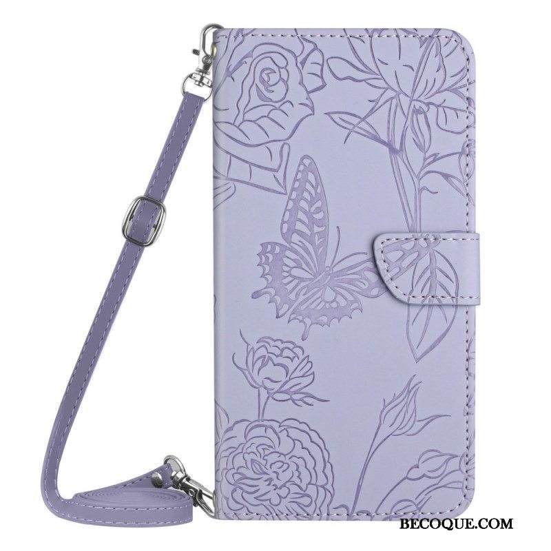 Nahkakotelo Samsung Galaxy M33 5G Perhoset Ja Olkahihna