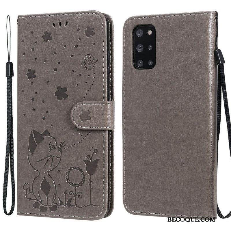 Nahkakotelo Samsung Galaxy S20 Plus / S20 Plus 5G Suojaketju Kuori Kissa Ja Mehiläinen Kaulanauhalla