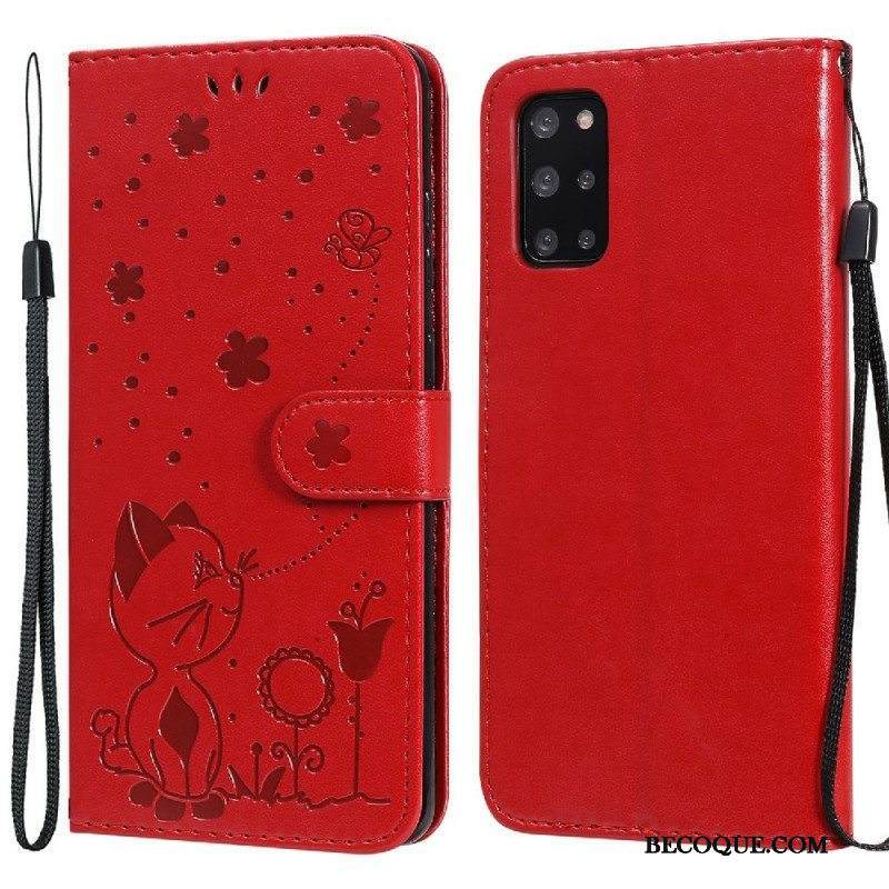 Nahkakotelo Samsung Galaxy S20 Plus / S20 Plus 5G Suojaketju Kuori Kissa Ja Mehiläinen Kaulanauhalla