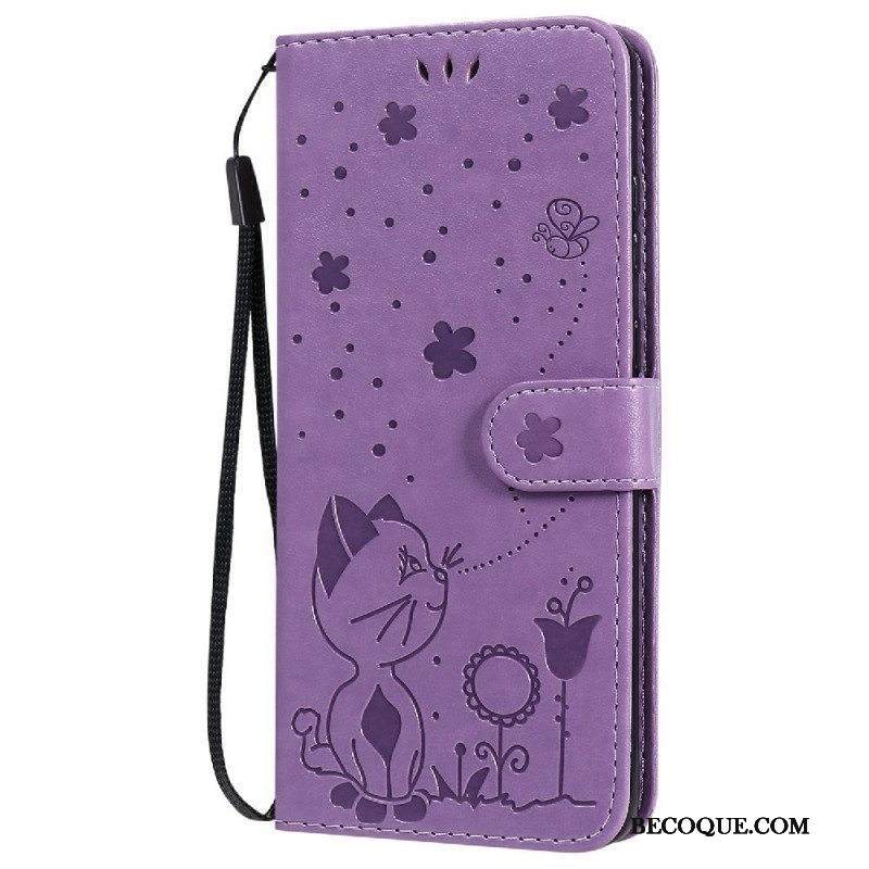 Nahkakotelo Samsung Galaxy S20 Plus / S20 Plus 5G Suojaketju Kuori Kissa Ja Mehiläinen Kaulanauhalla