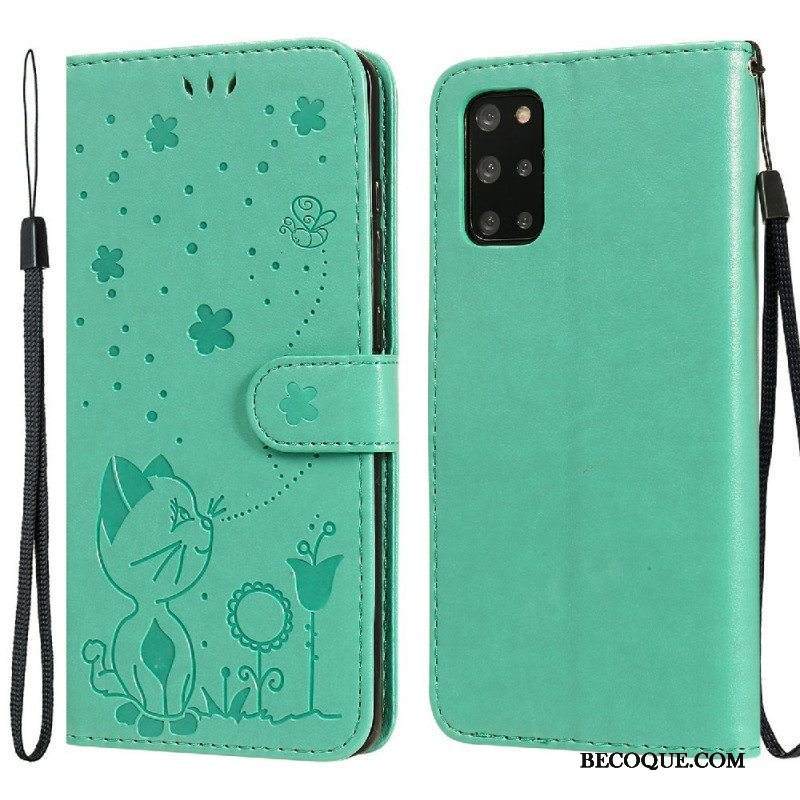 Nahkakotelo Samsung Galaxy S20 Plus / S20 Plus 5G Suojaketju Kuori Kissa Ja Mehiläinen Kaulanauhalla