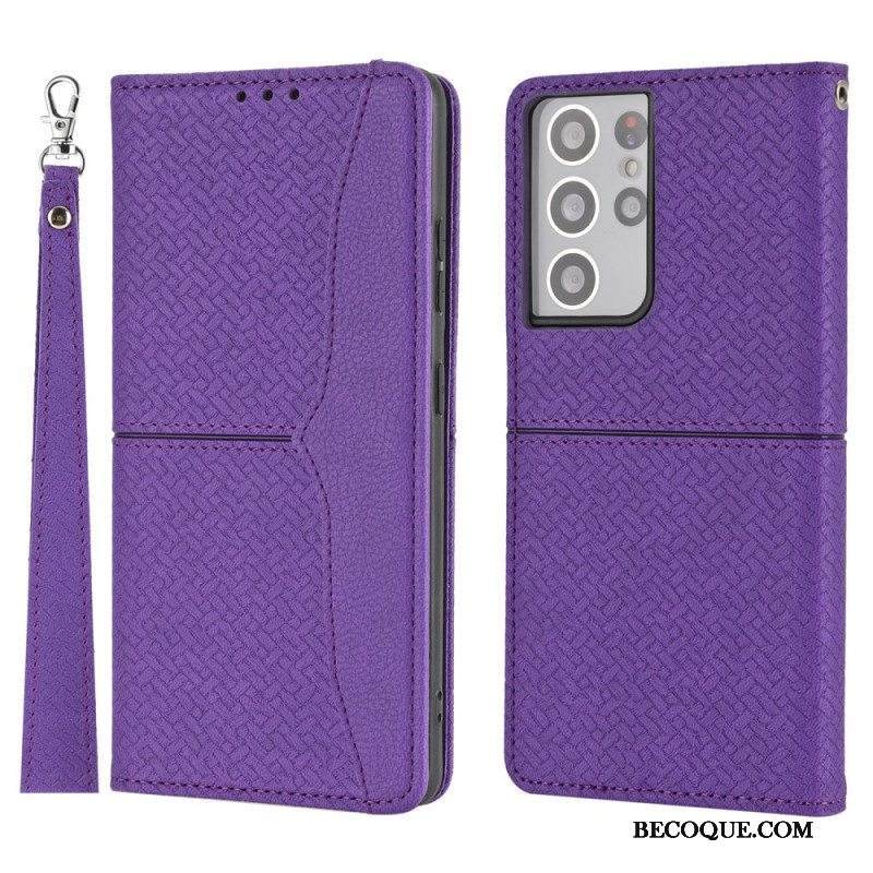 Nahkakotelo Samsung Galaxy S21 Ultra 5G Suojaketju Kuori Strappy Woven Leather Style